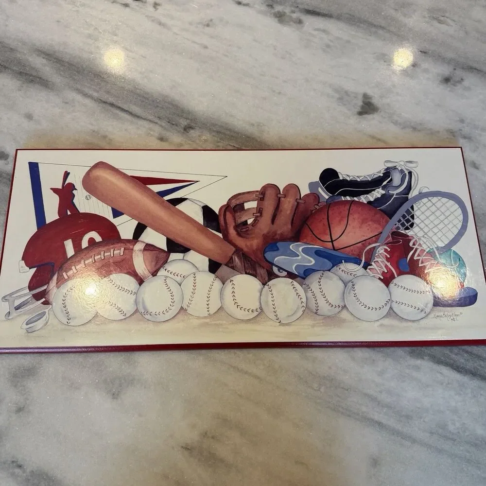 Vintage Kids Wall Plaque Decor Sports 25x11” Wood Baseball Football Soccer Etc